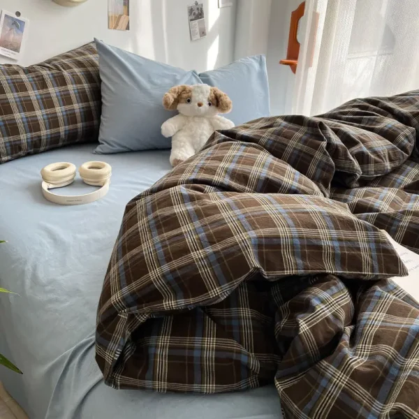 Bedding Set Ins Ambiance Blue Coffee Grid Mixed With Washed Cotton Minimalist Flat&Fitted Sheets Duvet Cover Set With Pillowcase - Image 4