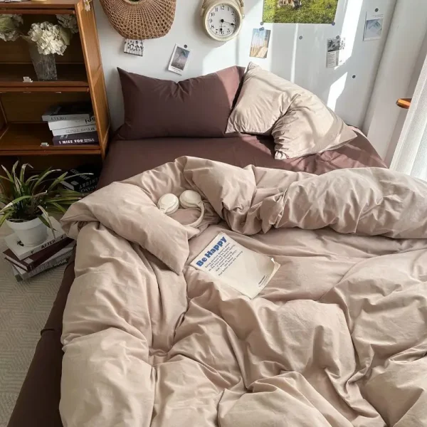 Bedding Set Ins Ambiance Blue Coffee Grid Mixed With Washed Cotton Minimalist Flat&Fitted Sheets Duvet Cover Set With Pillowcase - Image 6