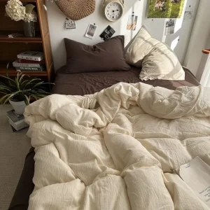 Bedding Set Ins Ambiance Blue Coffee Grid Mixed With Washed Cotton Minimalist Flat&Fitted Sheets Duvet Cover Set With Pillowcase