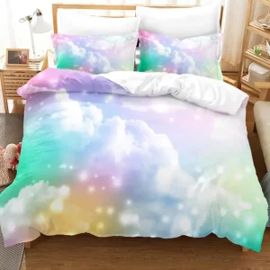 Clouds Duvet Cover Set Iridescent Dream Cloud Bedding Set Women Kawaii Aesthetic Style King Size 2/3pcs Polyester Quilt Cover