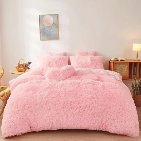 Fluffy Faux Fur Pink Comforter Cover Set Queen - Ultra Soft Plush Pink Bedding Sets 3 Pieces (1 Fluffy Cover Duvet Cover Set
