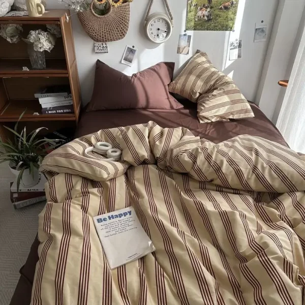 Bedding Set Ins Ambiance Blue Coffee Grid Mixed With Washed Cotton Minimalist Flat&Fitted Sheets Duvet Cover Set With Pillowcase - Image 3