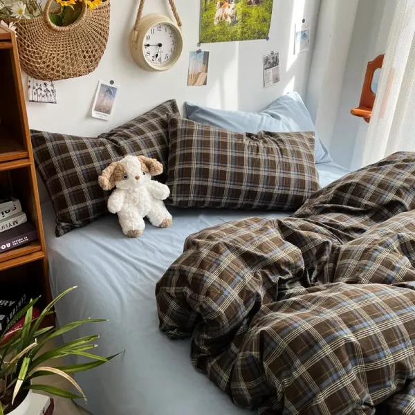 Bedding Set Ins Ambiance Blue Coffee Grid Mixed With Washed Cotton Minimalist Flat&Fitted Sheets Duvet Cover Set With Pillowcase - Image 5